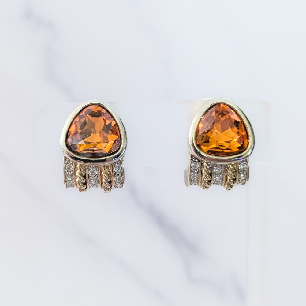 Vintage Clip On Earrings Orange Gem & Clear Gems Gold Tone Chunky